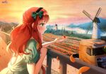  1girl absurdres bangs black_hairband blunt_bangs braid curly_hair de_ruyter_(kancolle) dress evening field flower flower_field fritz614 green_dress green_eyes ground_vehicle hairband highres kantai_collection long_hair motor_vehicle outdoors petals redhead river short_sleeves side_braid smile solo truck upper_body windmill 