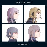  4girls ak-12_(girls&#039;_frontline) ak-15_(girls&#039;_frontline) album_cover an-94_(girls&#039;_frontline) blonde_hair braid cigarette closed_eyes cover defy_(girls&#039;_frontline) demon_days_(gorillaz) facing_to_the_side from_side girls_frontline gorillaz grey_hair headphones highres long_hair looking_at_viewer multiple_girls parabellum parody rpk-16_(girls&#039;_frontline) short_hair smoking 