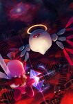  absurdres barcode battle clouds dark_clouds fairy fairy_wings flying from_behind glint gun halo highres holding holding_gun holding_weapon kirby kirby_(series) kirby_64 n-z one-eyed pink_hair red_eyes ribbon_(kirby) ripple_star short_hair suyasuyabi tail weapon wings zero_two_(kirby) 