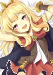  1girl bangs black_cape blonde_hair blunt_bangs blush bow bowtie breasts brown_vest buttons cagliostro_(granblue_fantasy) cape commentary_request cowboy_shot frilled_skirt frills granblue_fantasy long_hair looking_at_viewer miya_(chocolate_holic) open_mouth red_bow red_bowtie red_cape red_skirt sheet_grab shirt skirt small_breasts smile solo twitter_username two-sided_cape two-sided_fabric vest violet_eyes white_shirt 