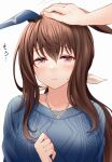  1girl 1other admire_vega_(umamusume) animal_ears bangs blue_sweater breasts brown_hair commentary_request ear_covers hand_on_another&#039;s_head headpat highres horse_ears horse_girl jewelry long_hair looking_at_viewer necklace pearl_necklace red_hayao simple_background solo_focus sweater translation_request umamusume upper_body violet_eyes white_background 