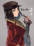  1girl black_gloves black_hair brown_headwear buttons cigarette closed_mouth coat condensation copyright_name drink fallout_(series) fallout_4 fingerless_gloves gloves green_eyes green_scarf grey_background hat holding holding_drink medium_hair nose nuka_cola piper_wright red_coat rumie scarf simple_background smile smoke soda_bottle solo tongue tongue_out trench_coat 