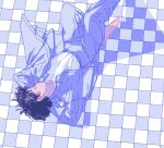  1boy 9bmmnn arms_behind_head barefoot black_hair blue_jacket blue_pants blue_theme checkered_floor closed_eyes highres jacket original pants profile shirt shirt_tucked_in short_hair solo tile_floor tiles upside-down white_shirt 