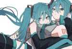  2girls arm_around_waist blue_eyes blue_hair blue_necktie breasts clone detached_sleeves hatsune_miku highres hug long_hair looking_at_viewer lying multiple_girls necktie on_back parted_lips sakusya2honda simple_background sketch twintails very_long_hair vocaloid white_background 