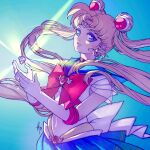  1girl back_bow bangs bishoujo_senshi_sailor_moon blonde_hair blue_background blue_eyes blue_sailor_collar blue_skirt bow bowtie choker crescent crescent_earrings crystal double_bun earrings elbow_gloves gloves hair_bun hair_ornament highres jewelry long_hair parted_bangs parted_lips red_bow sailor_collar sailor_moon see-through see-through_sleeves shirt sidelocks skirt solo tholia_bentz tiara tsukino_usagi twintails upper_body white_gloves white_shirt 