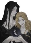  1girl 2boys black_hair black_wings blonde_hair blue_eyes closed_eyes dok-ja_kim grin hades_(omniscient_reader&#039;s_viewpoint) highres husband_and_wife long_hair looking_at_another multiple_boys omniscient_reader&#039;s_viewpoint persephone_(omniscient_reader&#039;s_viewpoint) scorpion_d55 short_hair sketch smile white_background wings 