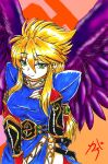  1girl angel_wings black_wings blonde_hair blue_dress breath_of_fire breath_of_fire_ii bridal_gauntlets dress gamonkoubou gem green_eyes long_hair nina_(breath_of_fire_ii) puffy_sleeves side_slit signature wings 