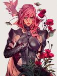  1girl arm_strap armor black_gloves blue_eyes breastplate breasts cape coat cowboy_shot final_fantasy final_fantasy_xiii floral_background gloves grey_background hair_between_eyes hair_over_shoulder hand_on_own_chest high_collar leaf lightning_farron long_hair looking_at_viewer medium_breasts open_clothes open_coat pink_hair shoulder_armor signature solo tholia_bentz turtleneck twitter_username wavy_hair 