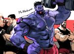 abs beard black_hair braum_(league_of_legends) darius_(league_of_legends) dopey_(dopq) dr._mundo dumbbell facial_hair feet_out_of_frame fingerless_gloves flexing gloves graves_(league_of_legends) hand_on_hip large_pectorals league_of_legends mr.mundoverse multiple_boys muscular muscular_male navel navel_hair nipples pectorals pose red_background red_eyes scar short_hair shorts simple_background smile spiky_hair tank_top tattoo teeth tongue tongue_out topless_male undercut white_background wristband