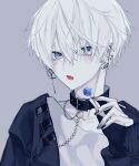  1boy :o alare32446233 belt_collar bishounen black_nails blush candy chain collar collarbone cross cross_earrings ear_piercing earrings food hand_up highres holding holding_candy holding_food jacket jewelry looking_at_viewer male_focus open_mouth original piercing shirt short_hair simple_background solo upper_body white_hair white_shirt 