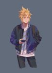  1boy alternate_costume backpack bag black_pants blonde_hair blue_eyes casual cloud_strife cowboy_shot final_fantasy final_fantasy_vii final_fantasy_vii_remake grey_background hand_in_pocket ho_fan holding holding_phone jacket letterman_jacket looking_to_the_side male_focus pants phone print_shirt shirt short_hair solo spiky_hair standing 