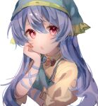  1girl blue_hair blurry blurry_background blurry_foreground chicachang depth_of_field hand_on_own_face haniyasushin_keiki highres long_hair looking_at_viewer motion_blur simple_background solo touhou white_background 