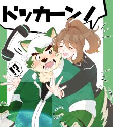  !? 1boy 1girl bandana black_jacket blush brown_hair commentary_request dog_boy female_protagonist_(live_a_hero) furry furry_male furry_with_non-furry green_jacket hara_hara_surum hetero highres hug interspecies jacket live_a_hero mokdai_(live_a_hero) open_mouth spoken_interrobang translation_request v-shaped_eyebrows white_bandana 