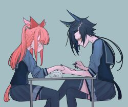  2girls agnes_digital_(umamusume) air_shakur_(umamusume) animal_ears applying_manicure black_hair black_nails black_thighhighs bow closed_mouth commentary_request ear_chain eyebrow_piercing face_piercing feet_out_of_frame fingernails grey_shirt grey_skirt hair_bow highres horse_ears horse_girl horse_tail linked_piercing long_hair long_sleeves looking_at_another multiple_girls pappi piercing pink_hair pleated_skirt red_bow red_nails school_uniform shirt simple_background sitting skirt table tail thigh-highs towel tracen_school_uniform umamusume 