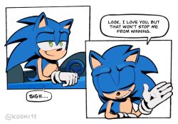  1boy animal_ears blue_fur car driving english_text furry furry_male gloves green_eyes hedgehog_boy highres kiioki11 motor_vehicle racing sitting smile sonic_(series) sonic_racing:_crossworlds sonic_the_hedgehog twitter_username white_gloves 