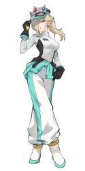  1girl baggy_pants black_gloves blonde_hair blue_eyes boots breasts clothes_around_waist commentary earrings full_body gloves hair_over_one_eye hat highres jacket jacket_around_waist jewelry long_hair long_sleeves mario_kart mario_kart_world official_alternate_costume pants ponytail racing_suit rakugakifuyu rosalina rosalina_(pro_racer) shirt solo standing star_(symbol) star_earrings super_mario_bros. tight_clothes tight_shirt white_background white_boots 