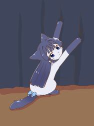  animal animal_focus animal_with_hair animalization black_hair blue_bow blue_eyes bow cat commentary_request curtains full_body highres hutaba idolmaster idolmaster_million_live! long_hair looking_at_viewer looking_back mogami_shizuka no_humans solo tail tail_bow tail_ornament 