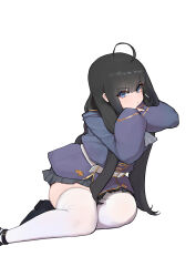  1girl absurdres ahoge black_hair closed_mouth commentary_request highres honeyz korean_commentary long_hair looking_at_viewer mang_nae_(vtuber) project_i simple_background solo sumomo_(rhfmrh987) textless_version thigh-highs thighs violet_eyes virtual_youtuber white_background white_thighhighs 
