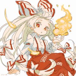  1girl :o baggy_pants bow buttons canariadraw collared_shirt commentary_request crossed_legs feet_out_of_frame fire forehead fujiwara_no_mokou hair_bow hair_ribbon hand_up highres juliet_sleeves long_hair long_sleeves looking_at_viewer multicolored_bow multiple_hair_bows ofuda ofuda_on_clothes open_mouth pants parted_lips puffy_sleeves pyrokinesis red_bow red_eyes red_pants ribbon shirt signature simple_background sitting sleeve_garter solo suspenders touhou two-tone_bow very_long_hair white_background white_bow white_hair white_shirt 