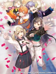  2boys 2girls aoyagi_touya arm_up azusawa_kohane black_hair blonde_hair blue_hair brown_eyes brown_hair buckle collared_shirt commentary_request confetti copyright_notice crop_top drawstring earrings floating_earrings floating_hair gradient_hair grey_eyes grin hair_ornament hairclip hand_up hat highres holding holding_microphone hood hood_down hoodie jacket jacket_over_hoodie jewelry layered_clothes long_hair long_sleeves looking_at_viewer lower_teeth_only microphone midriff multicolored_hair multiple_boys multiple_girls multiple_hairclips navel nitaka_(fujikichi) official_art open_clothes open_hand open_jacket orange_eyes orange_hair outstretched_arm pants project_sekai shinonome_akito shiraishi_an shirt short_hair short_twintails single_earring skirt smile split-color_hair streaked_hair suspender_skirt suspenders teeth twintails two-tone_hair vivid_bad_squad_(project_sekai) white_hat white_hoodie wing_collar zipper_pull_tab 
