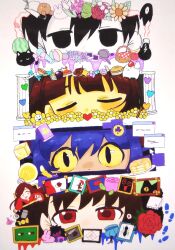  1boy 1girl 2others absurdres annoying_dog ant apple ball baseball_bat beachball black_cat black_eyes black_hair blue_hair blue_soul_(utdr) blunt_bangs blush bomb bone book bow brown_hair bug butterscotch_cinnamon_pie cactus candy cat close-up colored_sclera colored_skin cube cyan_soul_(utdr) dog doll doll_(ib) doughnut explosive flower flowey_(undertale) food food_print forest_bunny_(omori) frisk_(undertale) fruit frying_pan geldslzcyf59548 gladiolus green_soul_(utdr) head_wreath heart hector_(omori) highres hot_dog ib_(ib) ib_(kouri) knife lady_in_red_(ib) light_bulb lily_of_the_valley mewo multiple_others niko_(oneshot) omori omori_(omori) oneshot_(game) orange_soul_(utdr) pancake pancake_stack pasta photo_(object) picnic_basket picture_frame pillar pink_bow plate polaroid_photo polearm purple_soul_(utdr) rabbit red_eyes red_flower red_rose red_soul_(utdr) rose simple_background slit_pupils soul_(utdr) spaghetti sparkle spear spider sprout_mole steak sunflower turtle undertale utdr_(toby_fox) watermelon weapon white_background white_dog white_skin window_(computing) yellow_flower yellow_sclera yellow_skin yellow_soul_(utdr) 