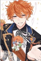  1boy akehoshi_subaru black_jacket blue_eyes blush chibi chibi_inset commentary dated ensemble_stars! hair_between_eyes happy_birthday heart highres jacket lapels long_sleeves male_focus mm_xcq multiple_views notched_lapels official_alternate_costume orange_hair short_hair simple_background smile white_background 