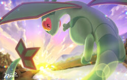  bright_pupils claws closed_mouth clouds commentary_request flygon flying looking_back mio_momalulu no_humans outdoors pokemon pokemon_(creature) river signature sky smile sunset white_pupils 