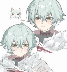  1boy ahoge alyosha_(genshin_impact) arrow_(symbol) black_shirt blush brown_eyes cape closed_mouth earmuffs freckles fur-trimmed_cape fur_trim genshin_impact green_hair hair_between_eyes highres hood hooded_cape looking_to_the_side male_focus multiple_views shirt short_hair simple_background tatata177vvxk6 teeth turtleneck turtleneck_shirt upper_body white_background white_cape 