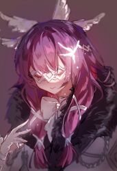 1girl absurdres aiguillette arm_strap bow brown_background bug butterfly closed_eyes closed_mouth coat columbina_(genshin_impact) eye_mask fatui_coat feathered_wings fur-trimmed_coat fur_trim genshin_impact hair_between_eyes hair_ornament hair_tubes hand_up head_wings highres lapels linh_ceecee long_hair long_sleeves mask multiple_wings pink_hair sidelocks simple_background smile solo unfinished upper_body very_long_hair white_bow white_butterfly white_coat white_mask wings wrist_bow x_hair_ornament 
