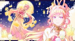  1girl artlingyan breasts commentary diamond-shaped_pupils diamond_(shape) dress elf elysia_(hi_love_elf)_(honkai_impact) elysia_(honkai_impact) elysia_(lunar_grace)_(honkai_impact) feixianji_(hairstyle) flower flying_animal hair_flower hair_ornament hair_rings hand_fan highres holding holding_fan honkai_(series) honkai_impact_3rd jingle_bell_earrings lantern large_breasts long_hair multiple_views official_alternate_costume palm_leaf_fan paper_lantern pink_dress pink_hair pointy_ears rabbit shuangyaji sky sky_lantern smile star_(sky) starry_sky symbol-shaped_pupils two-tone_dress very_long_hair violet_eyes white_dress 
