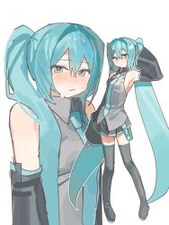  1girl :/ aqua_eyes aqua_hair aqua_necktie bare_shoulders black_boots black_skirt boots closed_mouth commentary detached_sleeves dot_mouth full_body grey_shirt hair_between_eyes hatsune_miku highres long_hair looking_at_viewer multiple_views necktie pleated_skirt remon_cola shirt simple_background skirt sleeveless sleeveless_shirt thigh_boots twintails untranslatable_commentary upper_body very_long_hair vocaloid white_background 