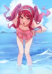  1girl absurdres bangs beach bent_over bikini bleach blue_sky bracelet clouds dokugamine_riruka full_body hands_on_hips headband highres jewelry long_hair looking_at_viewer mochiko_(tvygbntl) ocean open_mouth outdoors pink_eyes pink_hair sidelocks sky solo swimsuit twintails wading water 