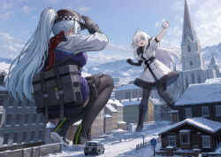  2girls :d absurdres arm_up axe black_gloves black_hat blue_eyes blue_hair blush boots breasts buttons city coat codename:_bakery_girl commentary_request covering_head cross day double-breasted elbow_gloves from_behind from_below full_body fur-trimmed_coat fur_trim giant giantess girls'_frontline_2:_exilium girls_frontline gloves hair_between_eyes hair_ornament hairclip hand_up hat highres hk416_(girls'_frontline) holding holding_snowball holster iron_cross jacket jefuty_(bakery_girl) klukai_(girls'_frontline_2) knee_boots legs long_hair medium_breasts multiple_girls outdoors pantyhose ponytail purple_jacket smile snowball snowball_fight squatting standing thigh-highs thigh_holster thighs very_long_hair welt_(kinsei_koutenkyoku) white_coat white_hair 