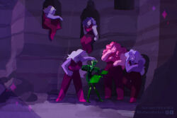  6+girls commentary english_commentary fat full_body gem_kindergarten grin highres in-universe_location multiple_girls muscular muscular_female original outdoors peridot_facet_6c4t_cut_2xj rose_quartz_facet_5_cut_5xl sitting smile sparkle standing steven_universe tall_female thefaeriemerchant 