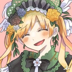  1girl ^_^ black_bow black_bowtie black_capelet black_flower black_rose blonde_hair bonnet bow bow_flower bowtie capelet closed_eyes commentary_request dot_nose flower frilled_capelet frills green_bonnet hair_flower hair_ornament highres hinatabkmt long_hair mahou_shoujo_no_majo_saiban open_mouth portrait red_background rose simple_background smile solo tono_hanna tulip twintails white_flower white_rose white_tulip winged_hat yellow_flower yellow_rose 