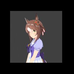 1girl 3d :d animal_ears animated animated_gif arm_up bow bowtie brown_hair clover_hair_ornament commentary english_commentary fine_motion_(umamusume) grey_background hair_between_eyes hair_ornament horse_ears horse_girl horse_tail leaning_forward looking_at_viewer multicolored_hair pabol_(drivingpanda_) pleated_skirt pointing pointing_at_self puffy_short_sleeves puffy_sleeves purple_bow purple_bowtie sailor_collar school_uniform short_sleeves skirt smile solo tail tracen_school_uniform umamusume white_skirt yellow_eyes 
