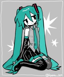  1girl aqua_hair aqua_necktie artist_name bare_shoulders black_boots black_skirt boots border commentary detached_sleeves expressionless full_body grey_background grey_shirt hatsune_miku highres jitome kyomu_305 long_hair necktie pleated_skirt shirt sitting skirt sleeveless sleeveless_shirt solo thigh_boots untranslatable_commentary very_long_hair vocaloid wariza 