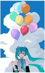  1girl aqua_eyes aqua_hair aqua_nails aqua_necktie aqua_trim balloon black_sleeves blue_sky border clouds collared_shirt cumulonimbus_cloud detached_sleeves expressionless floating_clothes floating_hair grey_shirt hair_between_eyes hair_ornament hatsune_miku headphones highres holding holding_balloon lone_nape_hair long_hair looking_at_viewer nail_polish necktie number_tattoo outdoors piyotamago02 shade shirt sky sleeveless sleeveless_shirt solo straight-on tattoo tie_clip twintails upper_body vocaloid white_border 