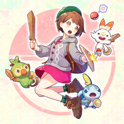  1girl anger_vein beret boots brown_boots brown_eyes brown_hair cardigan dress eyelashes gloria_(pokemon) green_hat green_socks grey_cardigan grookey hat holding holding_shield hood hood_down long_sleeves open_mouth pink_dress poke_ball poke_ball_(basic) pokemon pokemon_(creature) pokemon_sword_and_shield scorbunny shield short_hair sobble socks spoken_anger_vein starter_pokemon_trio w2398510474 wooden_floor 