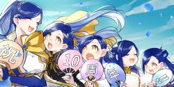  +_+ 5girls black_dress blue_dress blue_hair blue_sky book braid cape celebration closed_eyes clouds cloudy_sky day dress drooling eighth_note flower hair_bun hair_flower hair_ornament hand_fan highres holding holding_book holding_fan honzuki_no_gekokujou jewelry leaning_forward long_hair looking_at_another looking_back multiple_girls multiple_persona musical_note myne_(honzuki_no_gekokujou) open_mouth outdoors own_hands_together paper_fan petals ponytail ring san+ sky smile smug sparkle textless_version time_paradox twitter_username two-tone_dress very_long_hair white_dress wind yellow_cape yellow_eyes 