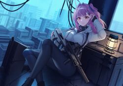  1girl angel_ina assault_rifle black_pants black_shoes black_sweater blue_ribbon blunt_bangs breasts chest_harness cityscape colored_eyebrows commentary_request crate cross-laced_shoes crossed_ankles feet_out_of_frame gun hair_behind_ear hair_intakes hair_ornament hair_ribbon hairclip hand_on_weapon hand_up harness heterochromia highres jacket lantern long_sleeves looking_at_viewer medium_breasts medium_hair one_side_up orange_eyes original outdoors pants parted_lips purple_hair red_eyes ribbon rifle shoes single_sidelock sitting solo sweater teeth thick_eyelashes tight_clothes tight_pants tucking_hair turtleneck turtleneck_sweater weapon white_jacket 