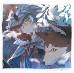  1boy alyosha_(genshin_impact) animal animal_ears animal_focus animal_nose artist_name black_fur black_shirt blue_eyes blue_jacket border branch bullet cape claws closed_mouth dog dog_ears earmuffs fake_animal_ears freckles fur-trimmed_cape fur_trim genshin_impact green_hair hair_between_eyes highres hood hooded_cape husky jacket leaf long_sleeves looking_to_the_side male_focus night outdoors pet shirt short_hair steam tugarin_(genshin_impact) turtleneck turtleneck_shirt two-tone_fur umenoume upper_body white_border white_cape white_fur winter yellow_eyes 