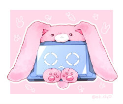  akai_ramu animal_costume animal_hat border classicaloid commentary_request hat no_humans object_focus pad-kun_(classicaloid) pink_background rabbit_costume rabbit_hat signature simple_background tablet_pc white_border 