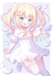  1girl :d bare_shoulders blonde_hair blue_background blue_eyes blunt_bangs blush border breasts choker collarbone commentary_request detached_sleeves detached_wings dot_nose dress feathers foot_out_of_frame frilled_sleeves frills gradient_background hanasakichu heart heart_choker highres hoshikawa_meru iriam long_hair looking_at_viewer open_mouth outside_border outstretched_arm pink_background pink_choker shoes short_dress short_sleeves sidelocks small_breasts smile solo standing standing_on_one_leg strapless strapless_dress thigh-highs twintails virtual_youtuber white_border white_dress white_shoes white_sleeves white_thighhighs wings zettai_ryouiki 