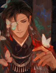  1boy animal_on_hand animal_on_head beads black_hair bug butterfly butterfly_on_face butterfly_on_hand butterfly_on_head butterfly_on_shoulder chinese_clothes circlet closed_mouth commentary earrings gem grey_eyes hair_beads hair_ornament hanfu heaven_official's_blessing highres hua_cheng jewelry kkcoocool long_hair long_sleeves looking_at_animal male_focus necklace on_head one_eye_covered portrait red_gem red_hanfu silver_circlet silver_necklace smile solo string_around_finger tassel untranslatable_commentary upper_body white_butterfly 