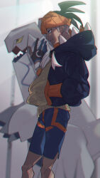  1boy black_hair blue_shorts closed_mouth commentary_request duraludon earrings from_side guru_(nicocco) hands_in_pockets highres hood hood_down jewelry light_particles male_focus outdoors pokemon pokemon_(creature) pokemon_sword_and_shield raihan_(pokemon) shorts sideburns smile 
