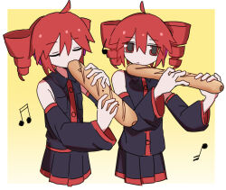  2girls ahoge baguette border bread clone closed_eyes detached_sleeves drill_hair food gradient_background heart heart_ahoge holding holding_food holding_instrument instrument kasane_teto kasane_teto_(utau) long_sleeves looking_at_viewer miniskirt mizhou_(mzhu112646) multiple_girls musical_note outside_border playing_instrument pleated_skirt red_eyes red_hair shirt skirt sleeveless sleeveless_shirt twin_drills utau white_border yellow_background 