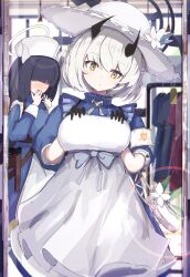  2girls apron black_gloves black_hair black_halo blue_archive blue_dress blush breasts chamoraile clothes_in_front commentary demon_girl demon_horns dress full-length_mirror gloves grey_hair halo hand_to_own_mouth hands_up hat highres holding holding_unworn_clothes holding_unworn_dress horns indoors large_breasts lens_flare looking_at_mirror medical_emergency_club_member_(blue_archive) mirror multiple_girls nurse_cap sena_(blue_archive) sena_(casual)_(blue_archive) short_hair sun_hat unworn_dress white_apron white_dress white_halo white_hat yellow_eyes 