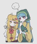  2girls :&lt; apron arm_ribbon artist_name bandaid bandaid_on_face blonde_hair blue_hair blue_ribbon bow bright_pupils closed_mouth commentary cosmicmind dated double_bun green_apron green_headwear hair_bow hair_bun hair_ornament hair_ribbon hairclip haniyasushin_keiki head_scarf heads_together jitome joutouguu_mayumi long_hair long_sleeves looking_at_another medium_hair multiple_girls one-hour_drawing_challenge puffy_short_sleeves puffy_sleeves red_bow red_eyes ribbon shirt short_sleeves simple_background sweatdrop thought_bubble touhou upper_body very_long_hair vest white_background white_pupils white_ribbon white_shirt wide_sleeves yellow_eyes yellow_shirt yellow_vest 