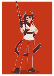  1girl ak-47 alunya anarcho-communism animal_ears artist_request assault_rifle belt black_hair black_tail boots cat_ears cat_girl drawfag full_body gun hat high-waist_belt highres holding holding_weapon holstered kalashnikov_rifle long_hair original pants peaked_cap red_boots red_pants revolver rifle smile solo weapon 